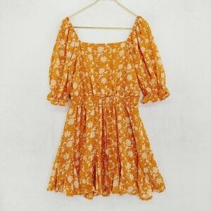Trixxi Floral Orange Ruched Flowy Mini Square Neck Off Shoulder Dress P4576